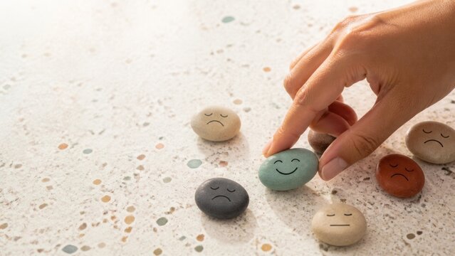 Hand selecting a happy face stone from a group of sad and neutral ones, symbolizing positive choice and customer satisfaction