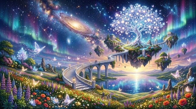 A breathtaking, fantastical landscape depicts a floating island paradise amidst a vibrant, swirling galaxy. A colossal, luminous tree dominates the center, 