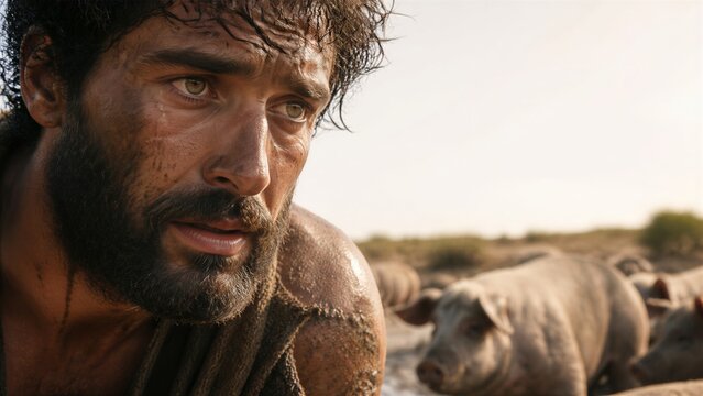 A tormented man in dirty clothes looks out of a pigsty in despair, symbolizing despair and the return of the prodigal son.