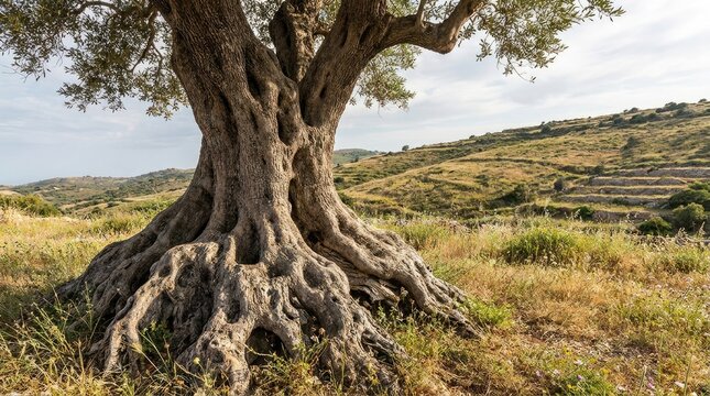 A large, ancient olive tree dominates the foreground of a rural landscape. The tree&rsquo;s thick, gnarled trunk and expansive roots are prominently displayed, showcasing 