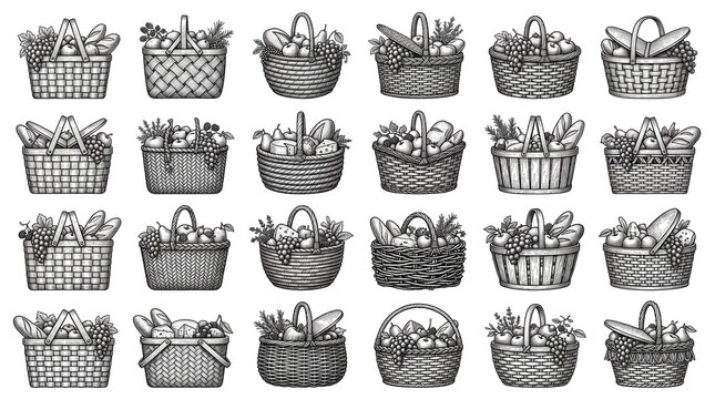 Vintage picnic basket set, hand drawn wicker baskets with fresh food, 24 rustic harvest hamper illustrations for organic market branding