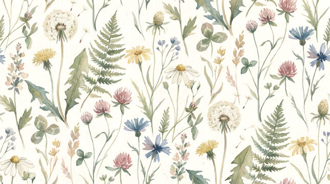 Watercolor seamless pattern with wildflowers, plants, dandelions and daisies. Delicate handmade print on paper texture for wallpapers