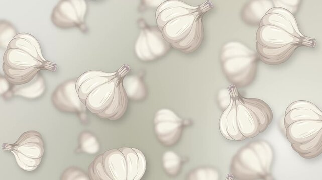 Stylized Garlic Bulbs Falling Against a Soft Neutral Mesh Background