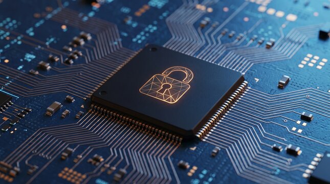 Microchip Processor with Glowing Security Lock Icon on Circuit Board