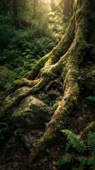 Obraz premium Moss covered tree roots in a lush green forest