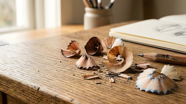 A wooden desk shows pencil shavings scattered around a sharpened pencil and an open sketchbook. Sunlight fills the space, creating a warm atmosphere for drawing