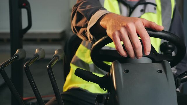 Close-up of forklift operator hand on steering wheel with control levers inside warehouse, showing industrial vehicle operation, material handling and logistics work.