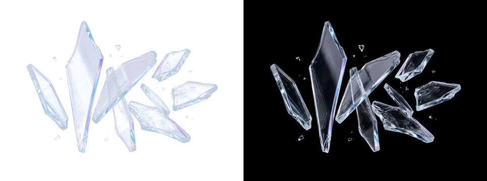 Realistic crystal ice shard pieces floating dramatically across darkness ideal for impact and design work with PNG, Transparent and Black Background Versions