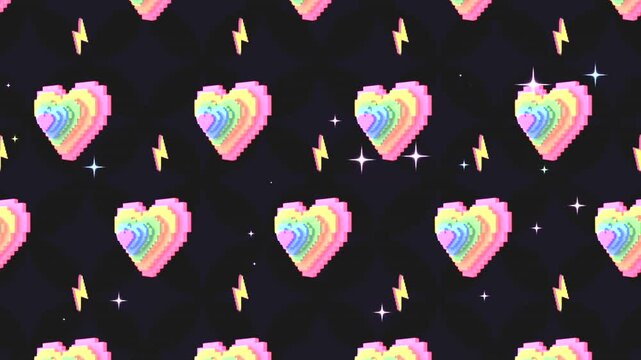 Rainbow voxel hearts and thunderbolts on dark background. (loop)