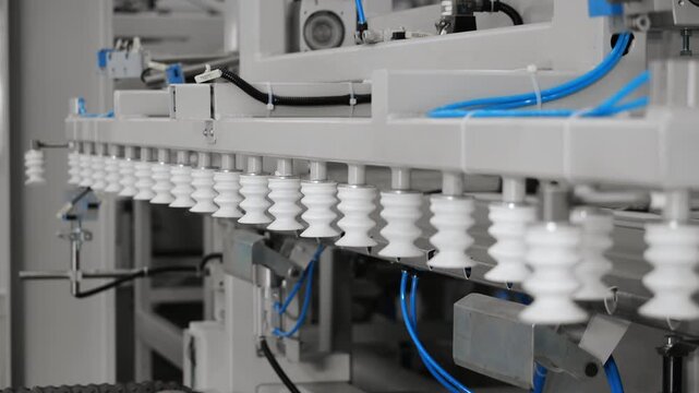 Close-up of automated industrial machinery with multiple vacuum suction cups and pneumatic lines. Modern manufacturing equipment for automated material handling.