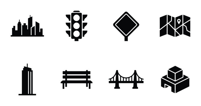 Cityscape Icons Set: Buildings, Traffic Light, Road Sign, Map, Bridge, Bench, Structure