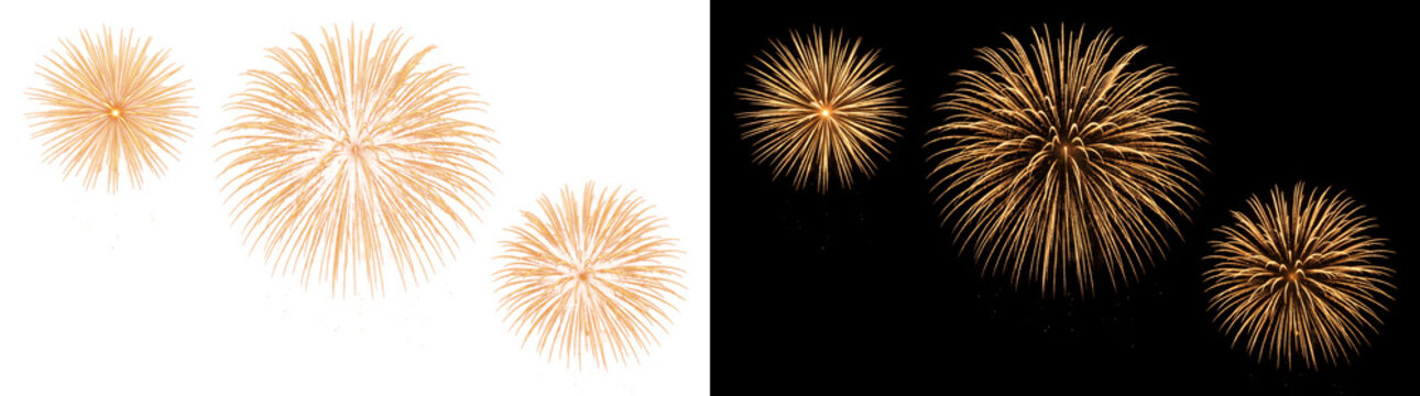 Spectacular golden fireworks display bursting across a dark night sky ideal for celebration design work with PNG, Transparent and Black Background Versions
