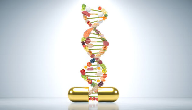 Dietary supplement science, depicting a nutrient capsule contain fruits, vegetables, nuts, fish&meat integrated with DNA strand, symbolize genetic based health therapy and natural wellnes.