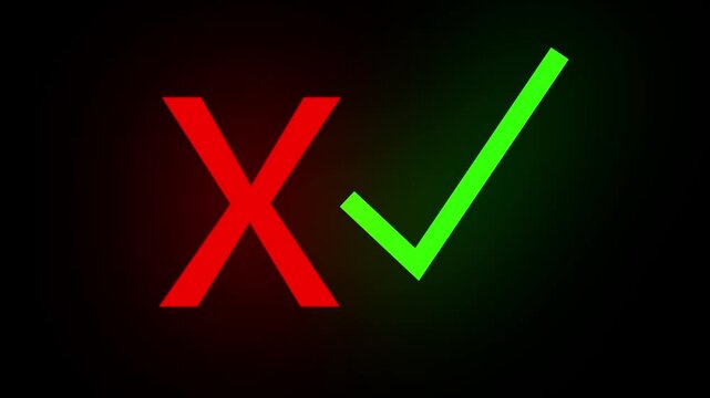 glow Animated red cross and green check mark animation video icon on black screen