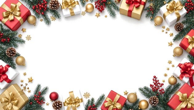 Festive christmas border made of gift boxes pine branches and golden ornaments on white background