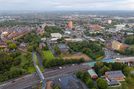 Aerial Image of Oldham Way Footbridge Overpass and Manchester City Skyline