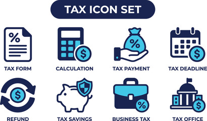 Naklejka premium Tax Icon Set With Tax Forms Calculator Payments Savings And Business Finance