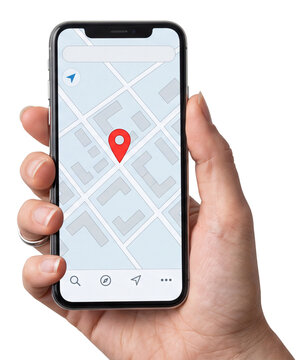 hand holding a smartphone with a generic navigation map and location pin