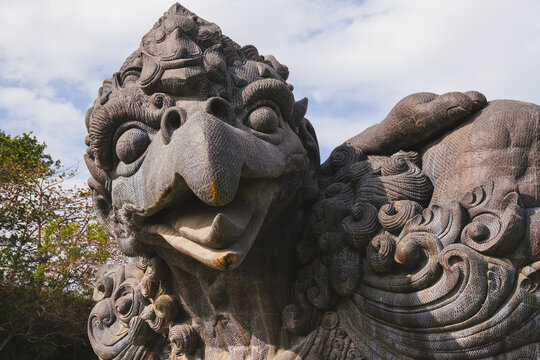 Low Angle Close Up of Colossal Mythical Bird Garuda Statue at GWK Cultural Park in Bali Indonesia