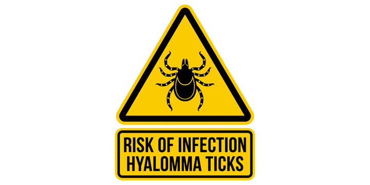 Yellow tick infestation warning sign with hyalomma parasite illustration for public health safety.