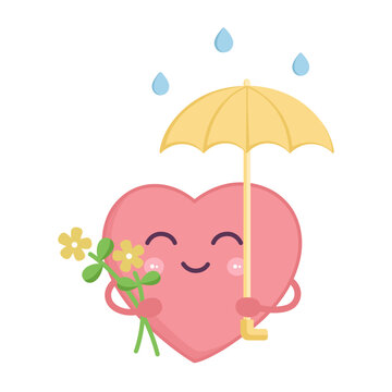 Smiling heart holding a yellow umbrella and flowers in the rain, symbolizing the nurturing of emotional well-being and the protection of one's feelings from negative energy. Vector illustration.