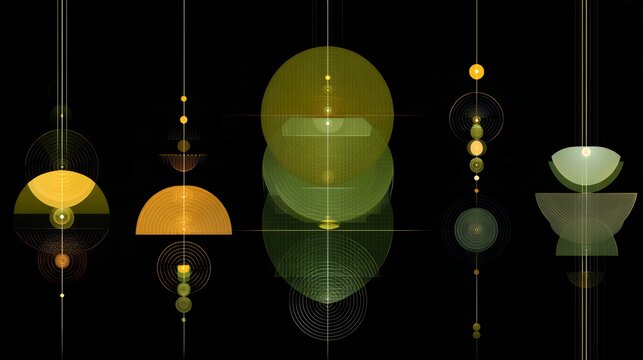 Elegant abstract glowing wireframe geometric hanging ornaments in yellow and green for futuristic digital Halloween decoration