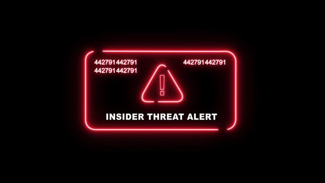 Cybersecurity insider threat alert warning notification with glowing red neon digital interface and rapidly changing data code sequences for corporate network security and data breach protection