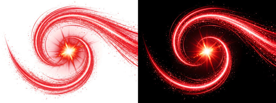 Explosive red energy vortex spiraling with sparkling particles around a bright star burst suitable for design work with PNG, Transparent and Black Background Versions