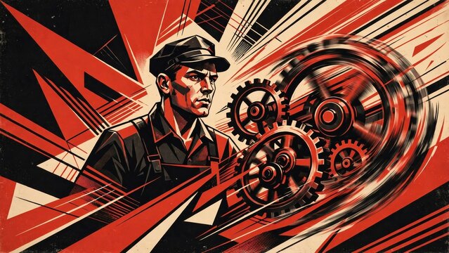 Retro constructivist propaganda style illustration of a serious industrial worker with spinning gears and dynamic red and black geometric shapes, factory laborer in vintage aesthetic