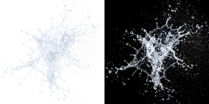 Dynamic water splash exploding with scattered droplets across pure darkness ideal for realistic design work with PNG, Transparent and Black Background Versions