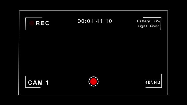 Camera viewfinder recording screen overlay template with REC indicator and timecode on black background animation.
