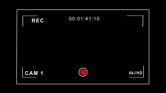 Camera viewfinder recording screen overlay template with REC indicator and timecode on black background animation.
