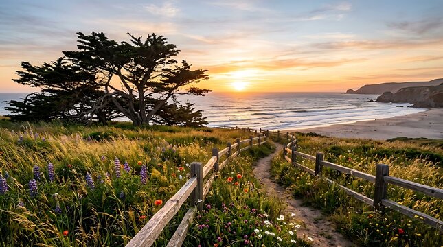 Spectacular Oceanfront Landscape with Coastal Trail and Sunset Glow