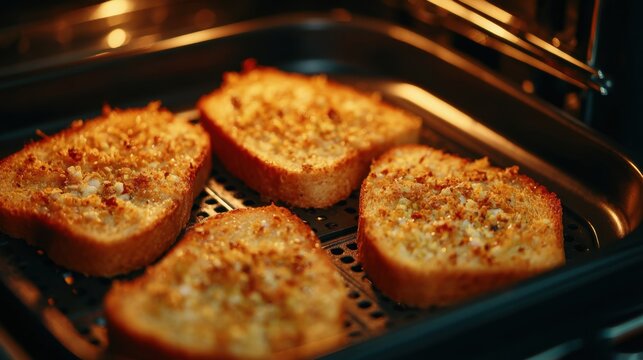 Crispy Garlic Bread Slices Baking in an Air Fryer