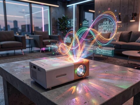 Modern smart projector casting futuristic holographic projections in living room
