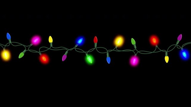 Twinkling Christmas lights overlay, multi-colored garland. Seamless loop. Alpha channel included.