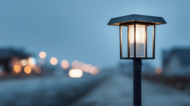 Solar powered street light fixture on a pole at dusk with bokeh background