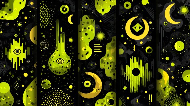 Abstract neon green alien slime and spooky eyes with glowing moon elements on black background for eerie halloween banners