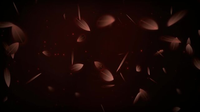 Dark Red Blood Ruby Falling Leaves and Glowing Embers Loop. Abstract Dark Red Petals Floating with Red Glowing Particles Motion Graphics