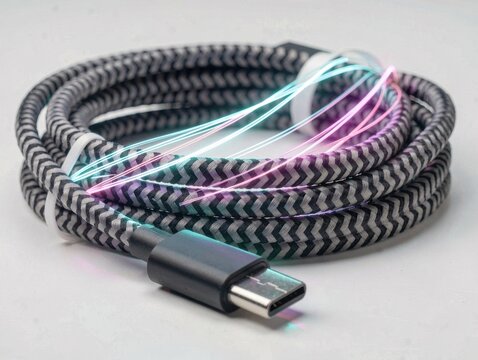 Coiled braided USB type C cable with glowing fiber optics