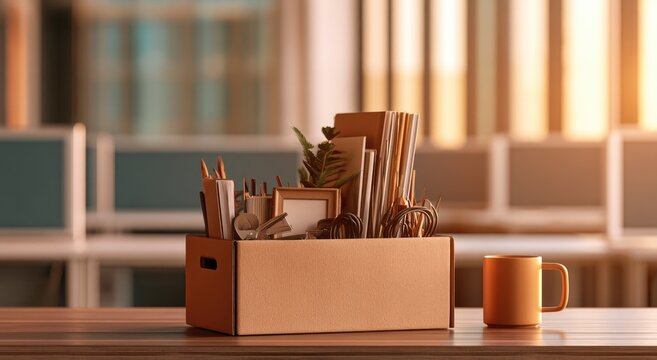 Cardboard box filled with personal office belongings on a desk.