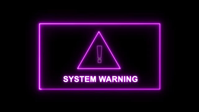 Glowing neon purple system warning alert sign with exclamation mark triangle on black background, for digital cybersecurity, software error notification, and high-tech interface
