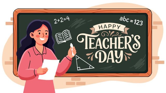 Celebrate Teacher&rsquo;s Day with a cheerful animated classroom scene featuring a smiling teacher, chalkboard, books, mathematics symbols, and festive lettering