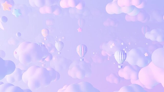 Fly through dreamy pastel hot air balloons in the sky animation. (loop)