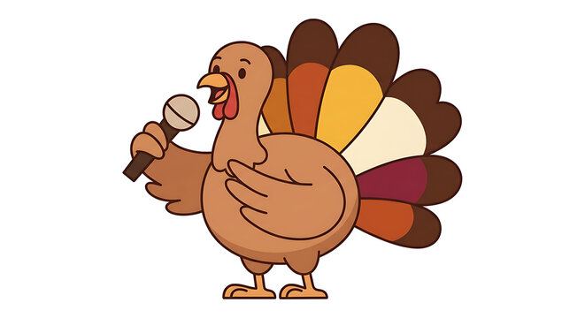 Cute Thanksgiving Turkey Singing into Microphone Cartoon Vector Illustration