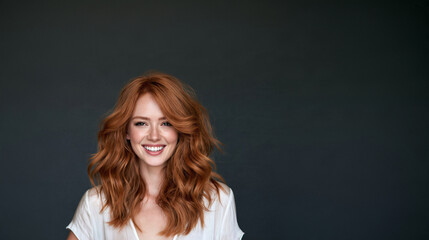 Fototapeta premium happy young woman with wavy auburn hair and freckles, smiling redheaded woman with natural beauty, cheerful slim woman with auburn hair and youthful freckles