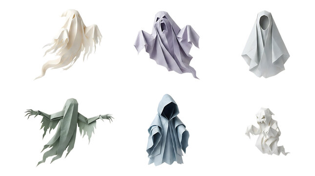 Set of six spooky ghost figures isolated on a transparent background