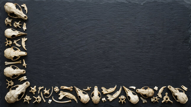Animal skulls and bones arranged as a border on a dark textured slate background