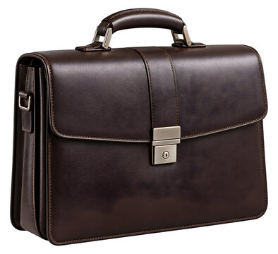 Brown leather briefcase with a metal clasp standing upright isolated on transparent background