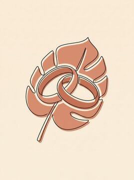 Wedding Rings on a Tropical Monstera Leaf in a Minimalist Line Art Drawing Style